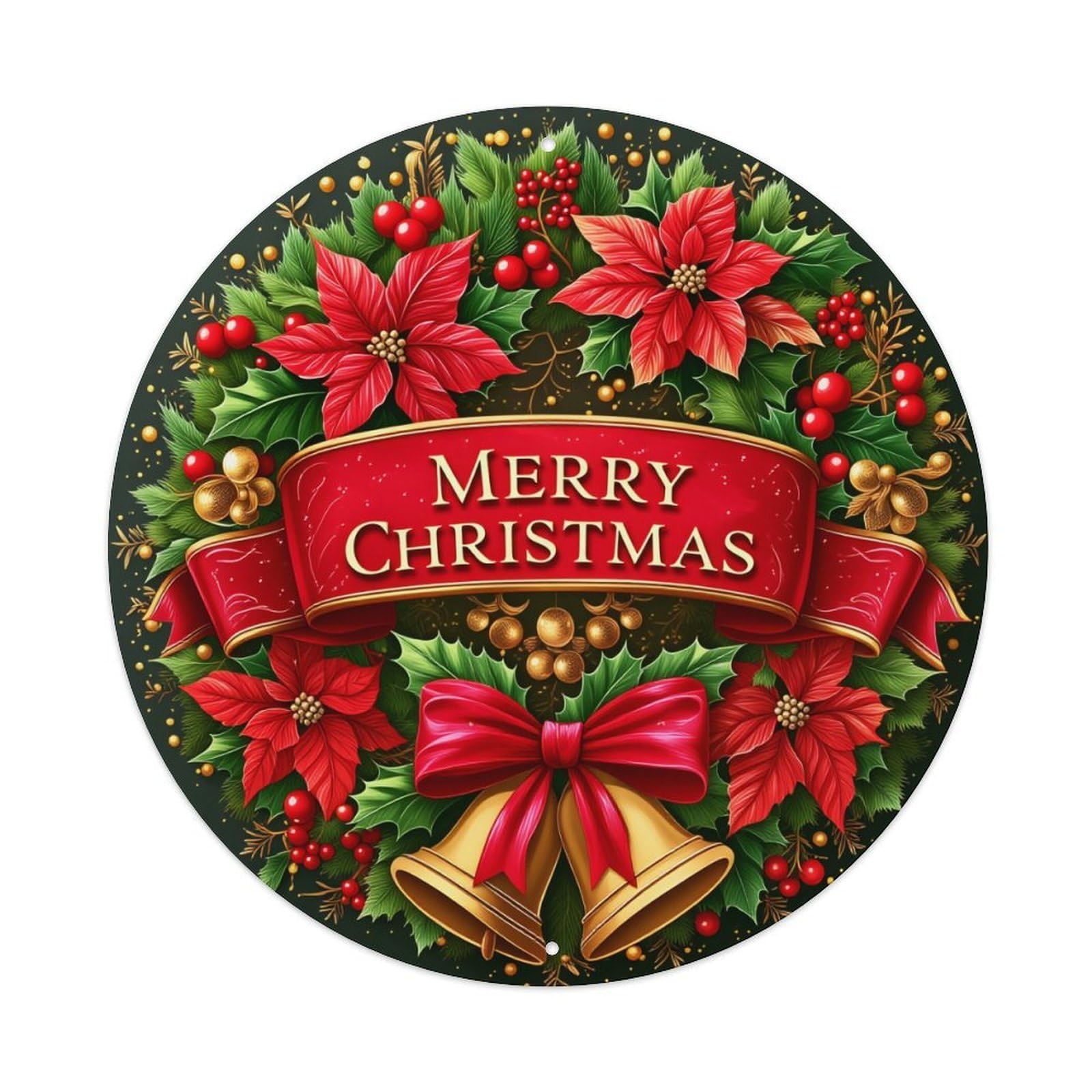 Merry Christmas Wreath Bells Poinsettia Round Tin Sign Vintage Metal Poster, Home Bar Garage Man Cave Cafe Indoor & Outdoor Wall Decoration 8x8Inches