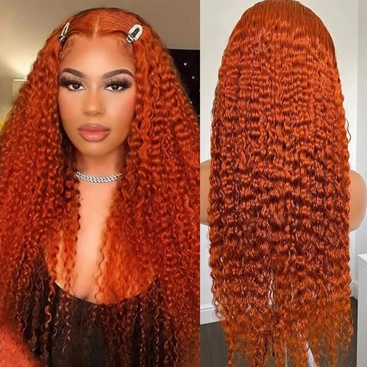 Pelucas de cabello humano rizado con encaje frontal de 22 pulgadas, con parte en T, pelucas de cabello humano rizado color naranja jengibre, densidad del 180%, peluca de encaje frontal de onda profunda, predepilada, peluca de cabello humano naranja quemad 6