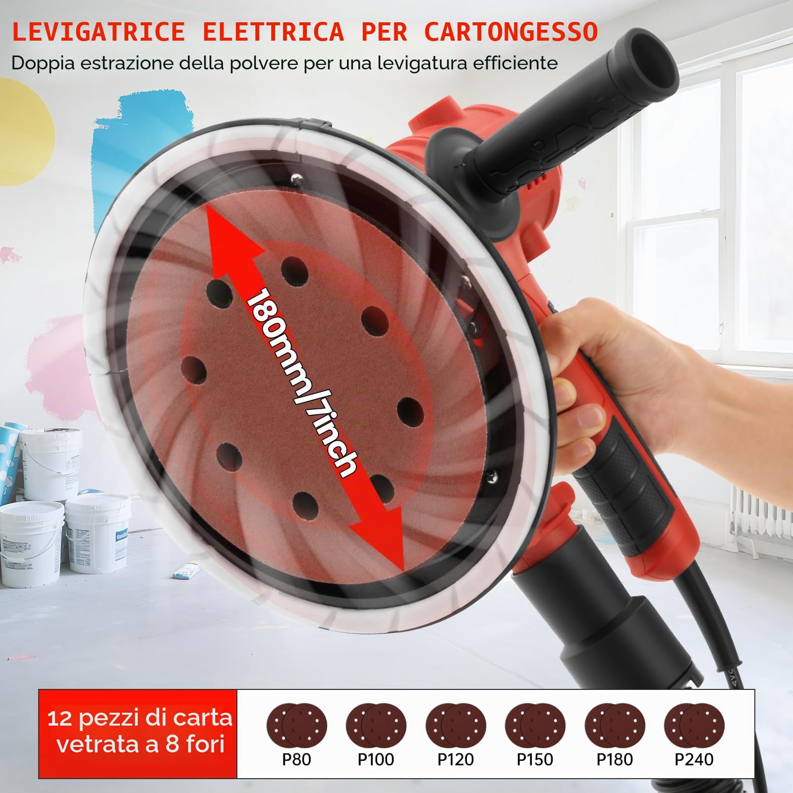 Levigatrice per Muri 800W, 1200-2300 giri/min Levigatrice a Secco Velocità Regolabile, con Aspirazione Polvere Automatica, Luce LED e 12 Dischi Abrasivi Inclusi