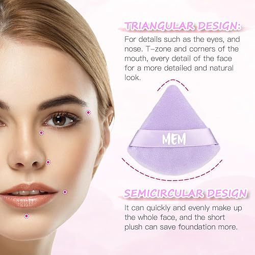 Miniatura 4 de MEM Puff de polvo triangular, 8 piezas de terciopelo suave para aplicación de polvo facial, uso húmedo y seco, herramientas de maquillaje de belleza