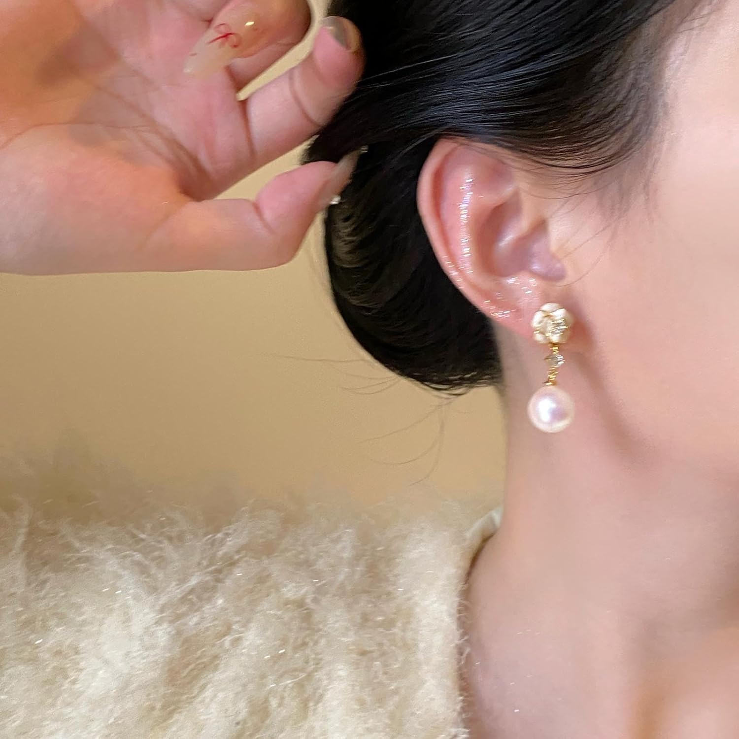 Bohemian Camellia Pearl Dangle Earrings White Enamel Rose Flower Earrings Small Crystal Camellia Stud Earrings Round Cz Pearl Drop Earrings Jewelry for Women - Image 5