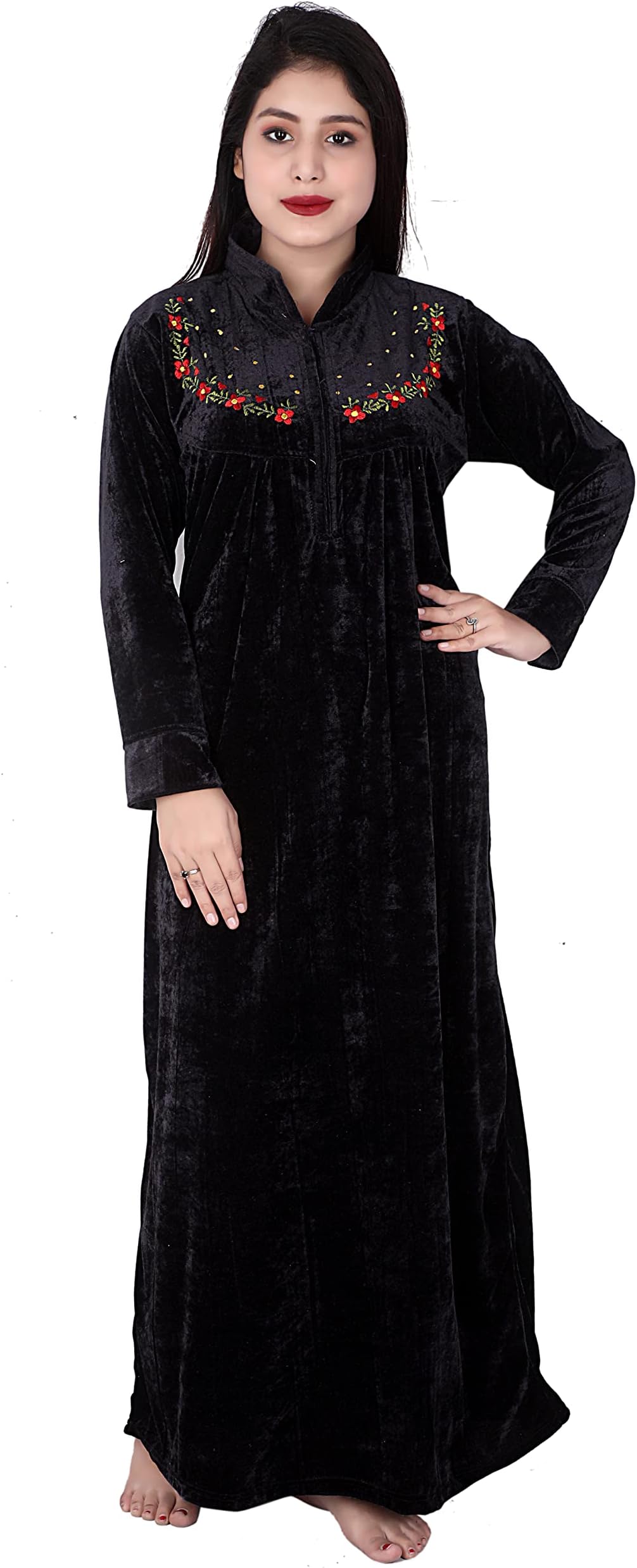 GlossiaFashion Solid Embroidered Shaneel Velvet Warm Fabric Women Maxi Woolen Nighty/ Night Gown(WNTY-D4-$), Black, Free Size