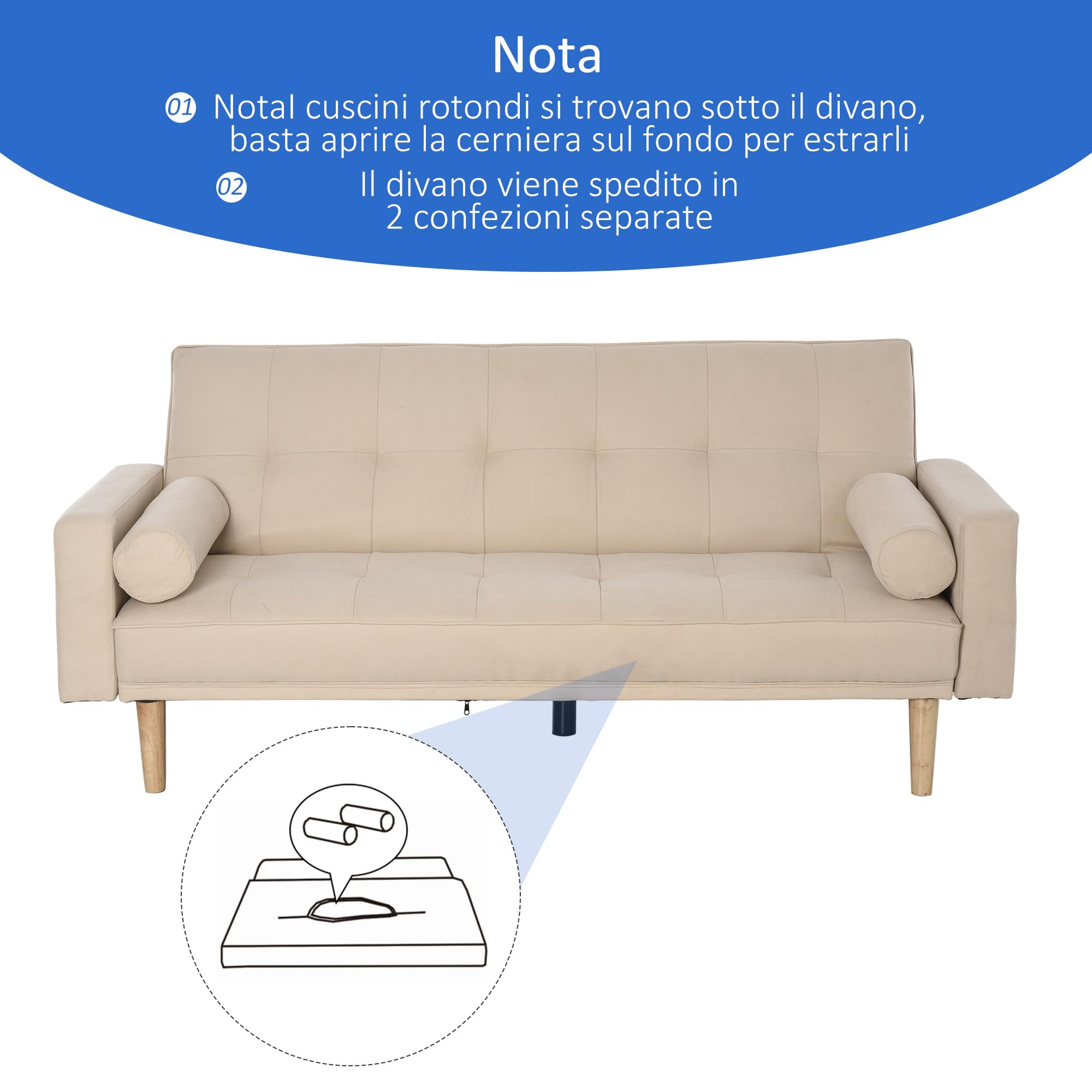 HOMCOM Divano Letto 3 Posti con Schienale Regolabile su 3 Livelli, 2 Cuscini e Braccioli Rimovibili, Beige, 185x84x85cm