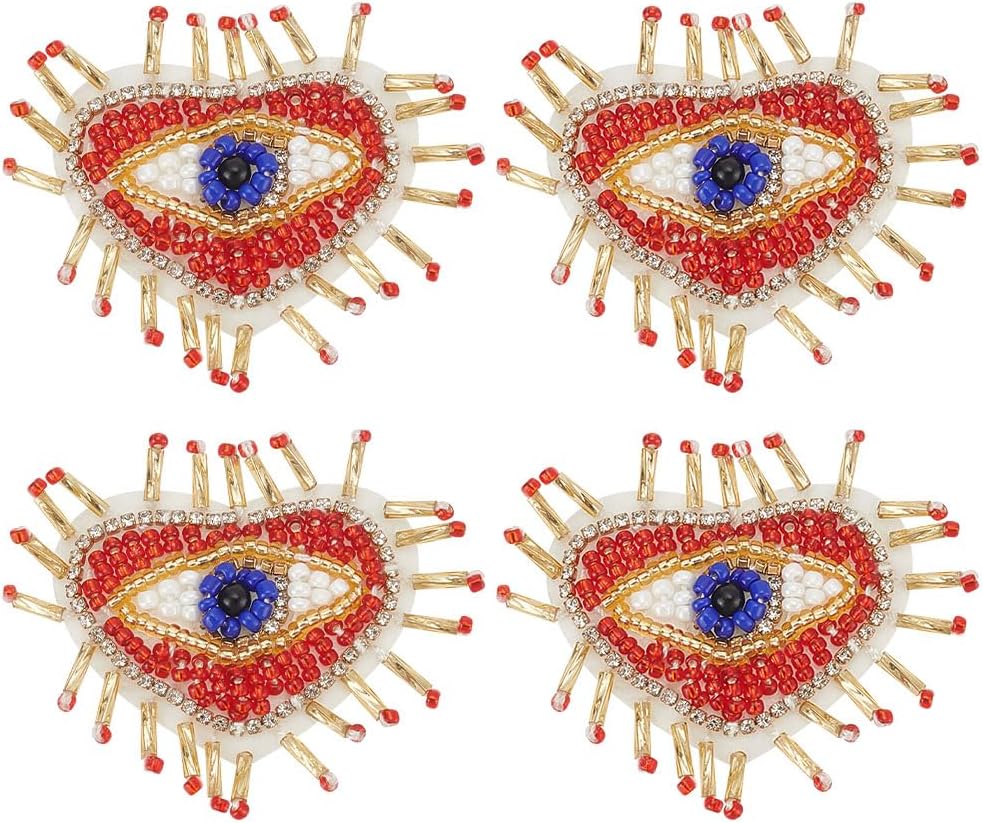 INFUNLY 4PCS Heart Rhinestone Tassel Applique Evil Eyes Applique Patches 2.87x2.87inch Love Heart Eyes Sew-on Patches Mini Handmade Craft Applique DIY Embroidered Beaded Patches for Clothing Decor