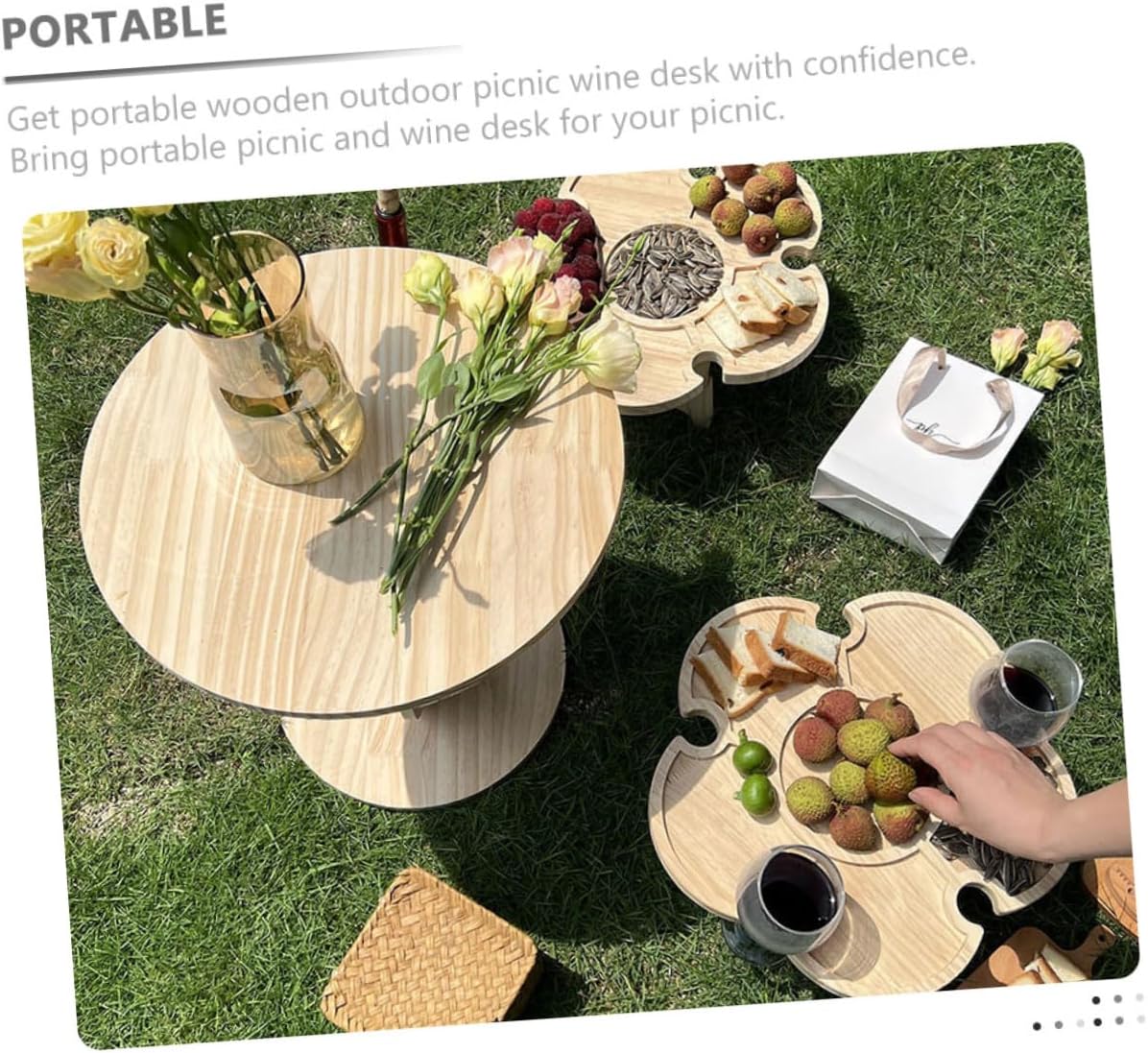 Portable Folding Picnic Table Wooden Outdoor Wine Desk for Beach, Travel, BBQ with 35cm Diameter Petal Tray, Lightweight Patio Furniture for Picnic and Camping