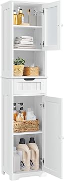 Yaheetech Tall Slim Bathroom Storage Cabinet with Frosted Glass Door, White