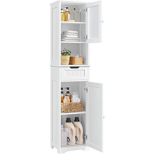 Yaheetech 67”Tall Bathroom Storage Cabinet,Narrow Floor Cabint with 2 Doors and 1 Drawer,Slim Bathroom Organizers,Adjustable Shelves,Storage Unit for Living Room, Entryway,Kitchen,White