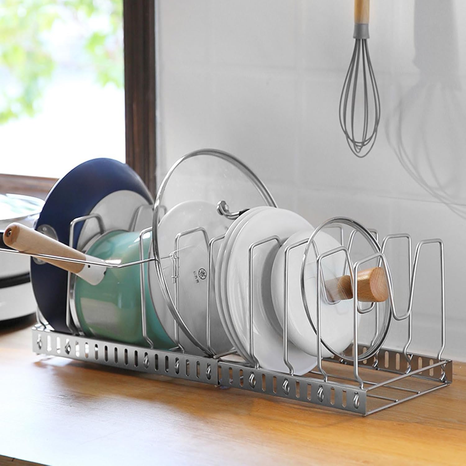 Strong Steel Adjustable Pots Lid Rack with Tool Easy Mounts & Designs Quick Fixing for Flexible Kitchen Storage Steel Holder