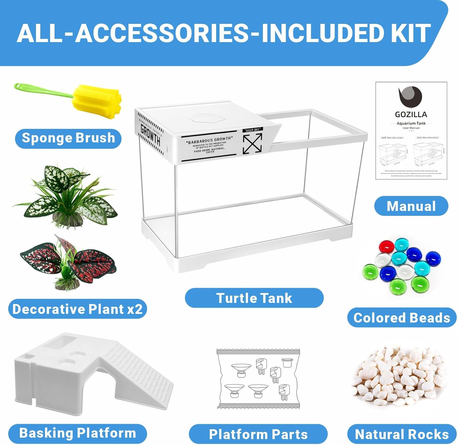 GOZILLA Turtle Tank, Upgrade PC Turtle Tank Starter Kit, Reptile Habitat with Lid, Basking Platform, Bottom Drainage for Turtles, Crabs, Shrimps and Other Small Reptiles. (15.75x7.9x9''/White)