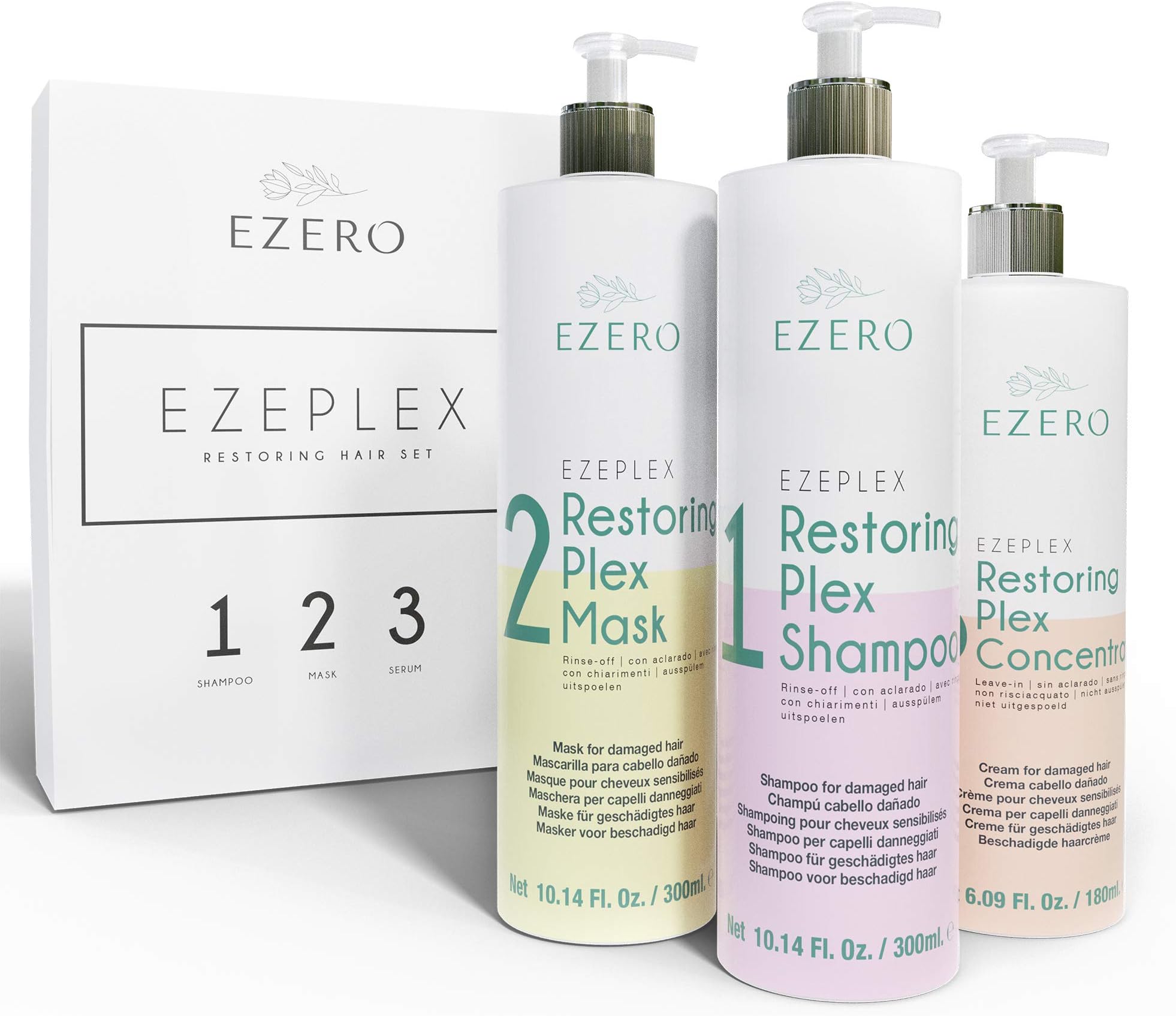 EzeroHair Treatment Plex with Shampoo, Mask and Oil Serum Concentrate for Damaged or Dry Hair with Amino Acids, Hyaluronic Acid, Shea Butter and Argan and Castor Oil – Vegan