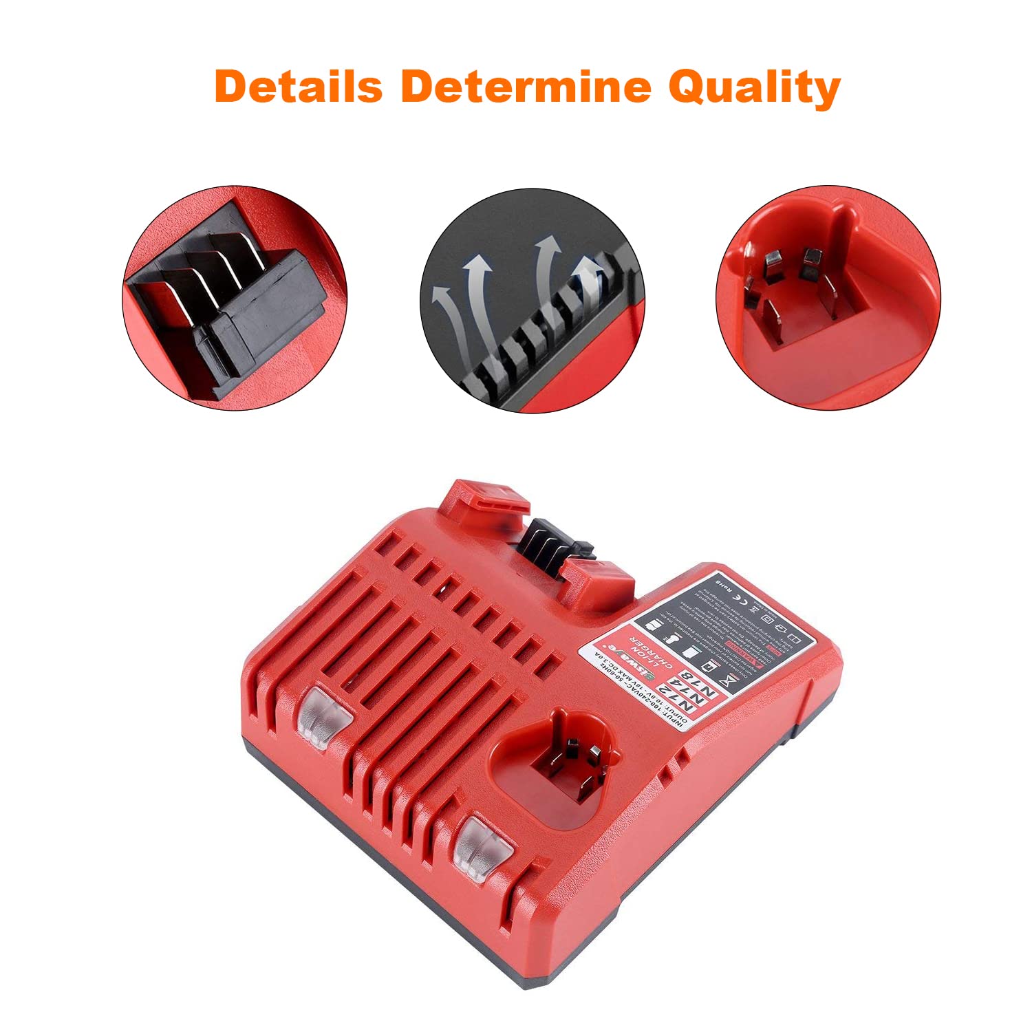 SKYON Caricabatterie di ricambio per caricabatterie rapido 48-59-1812, 18 V, 12 V, compatibile con caricabatterie Milwaukee M-12 M-18 48-11-1860 48-11-1850 48-11-1880 48-11-1840 -11-201.