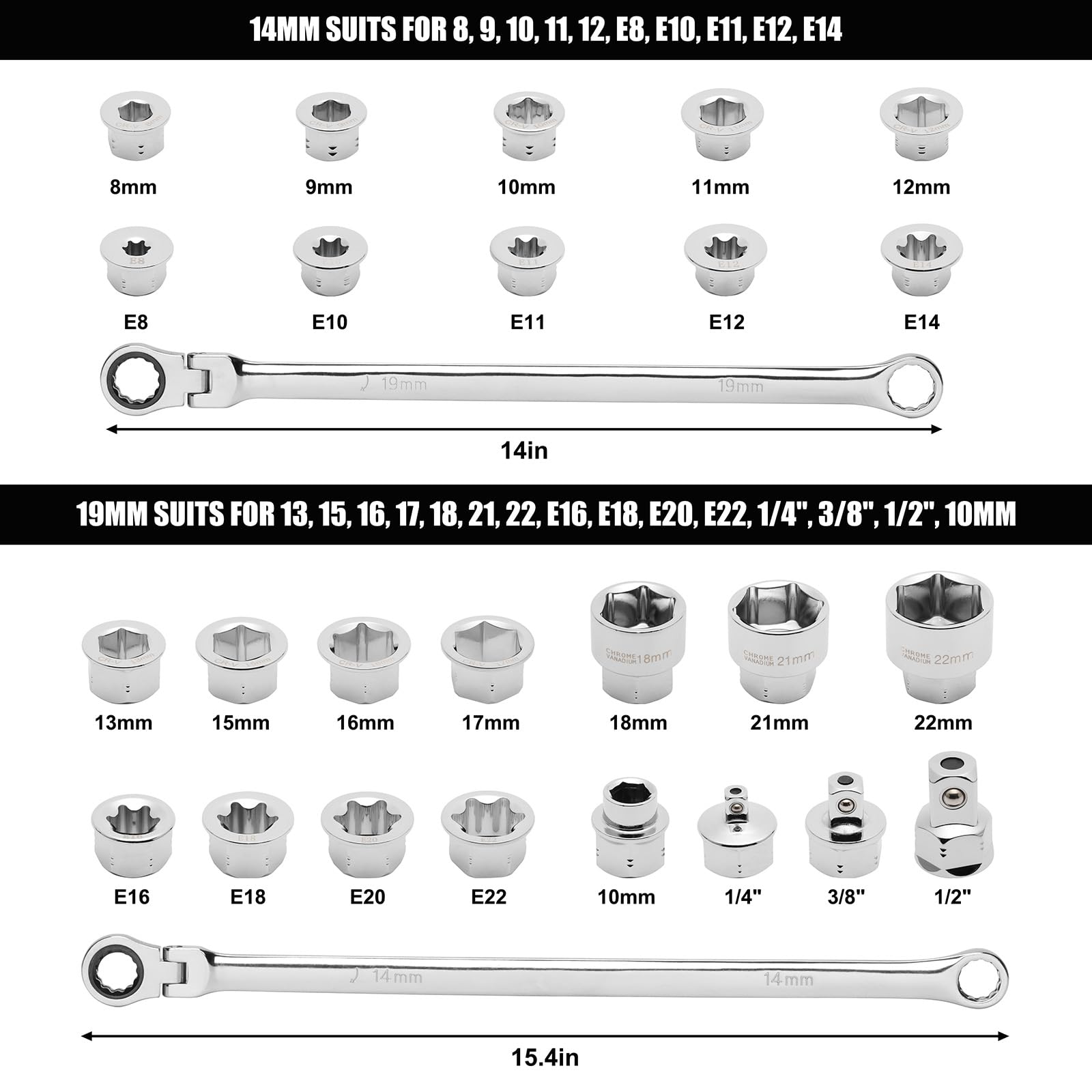 Mayouko Set di 27 chiavi a cricchetto con testa flessibile extra lunga, chiave da 14 e 19 mm, set di chiavi a cricchetto con testa di ricambio tipo E da 8-22 mm, 72 denti, acciaio CR-V