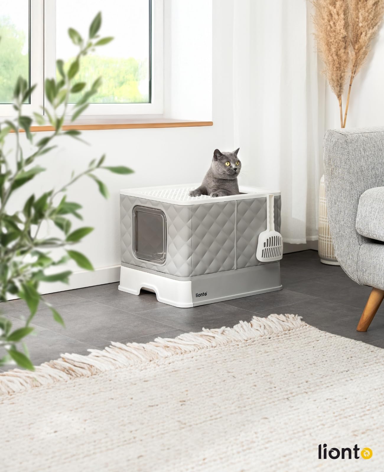 lionto Caja de Arena para Gatos con cajón y Pala, 50,5x40,8x37 cm, Caja de Arena con 2 Salidas y Base a Prueba de Fugas, para Gatos de hasta 15 kg, Plegable, Material PP Duradero, Blanco-Gris
