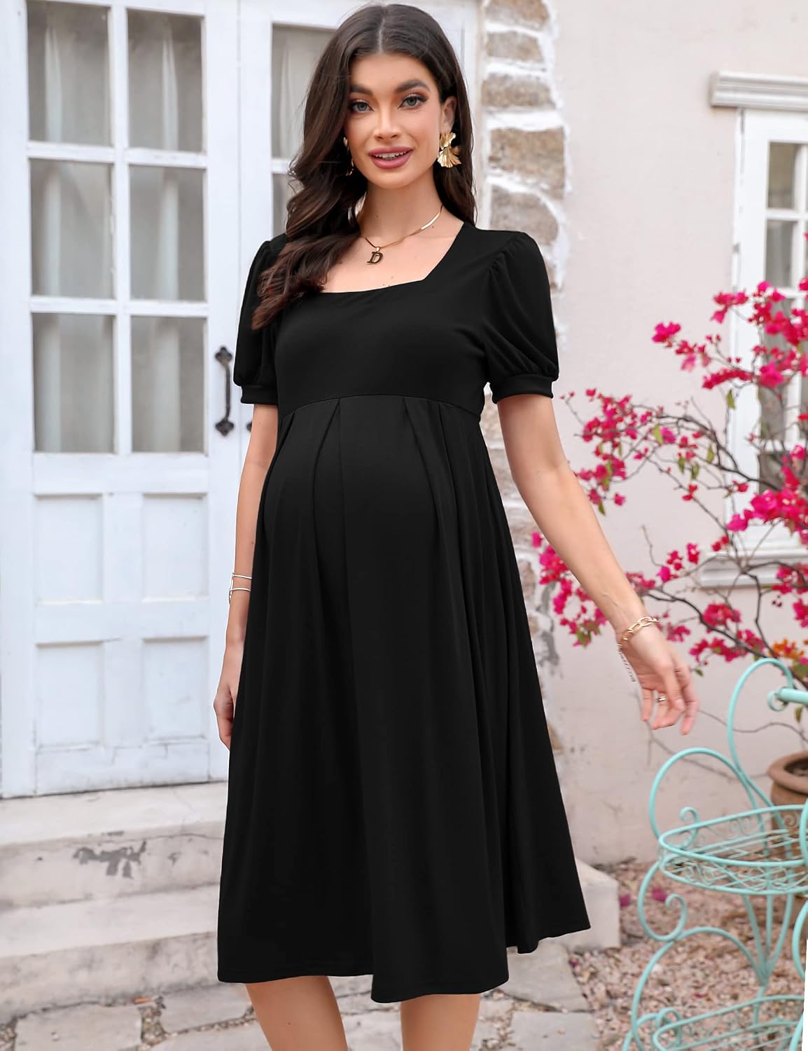 MISSKY Women's Short Sleeve Maternity Dresses Square Neck Ruched Pregnancy Clothes for Daily Wearing or Baby Shower