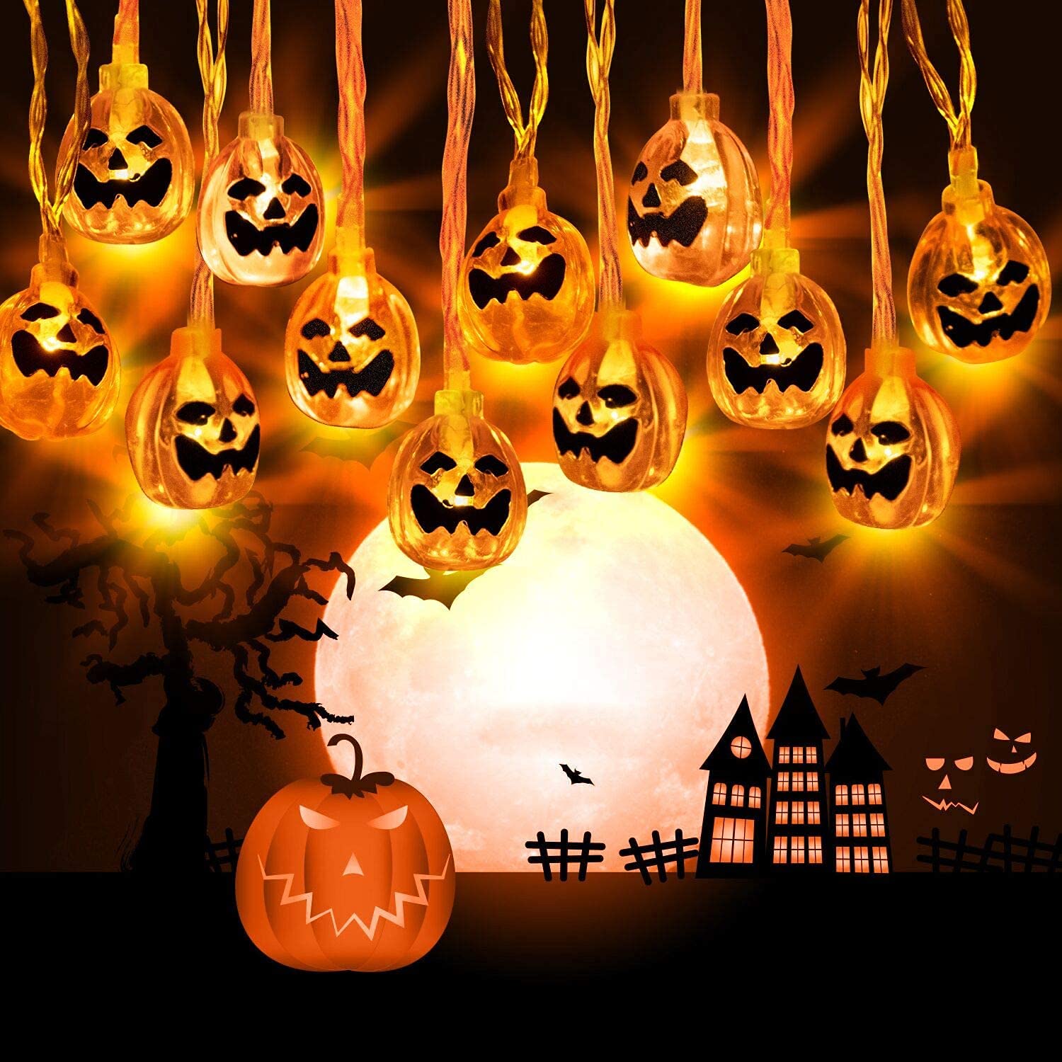 Halloween Pumpkin String Lights with Remote, 20LED 8 Modes IP65 Waterproof Battery Operated Pumpkin String Lights for Halloween Bar Outdoor Indoor Halloween Decor (Pumpkin-Warm White)