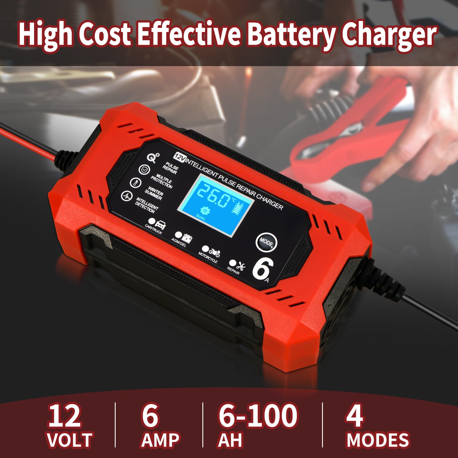 Cargador de Baterias Coche y Moto, Cargador Bateria Moto 12v 6A Inteligente