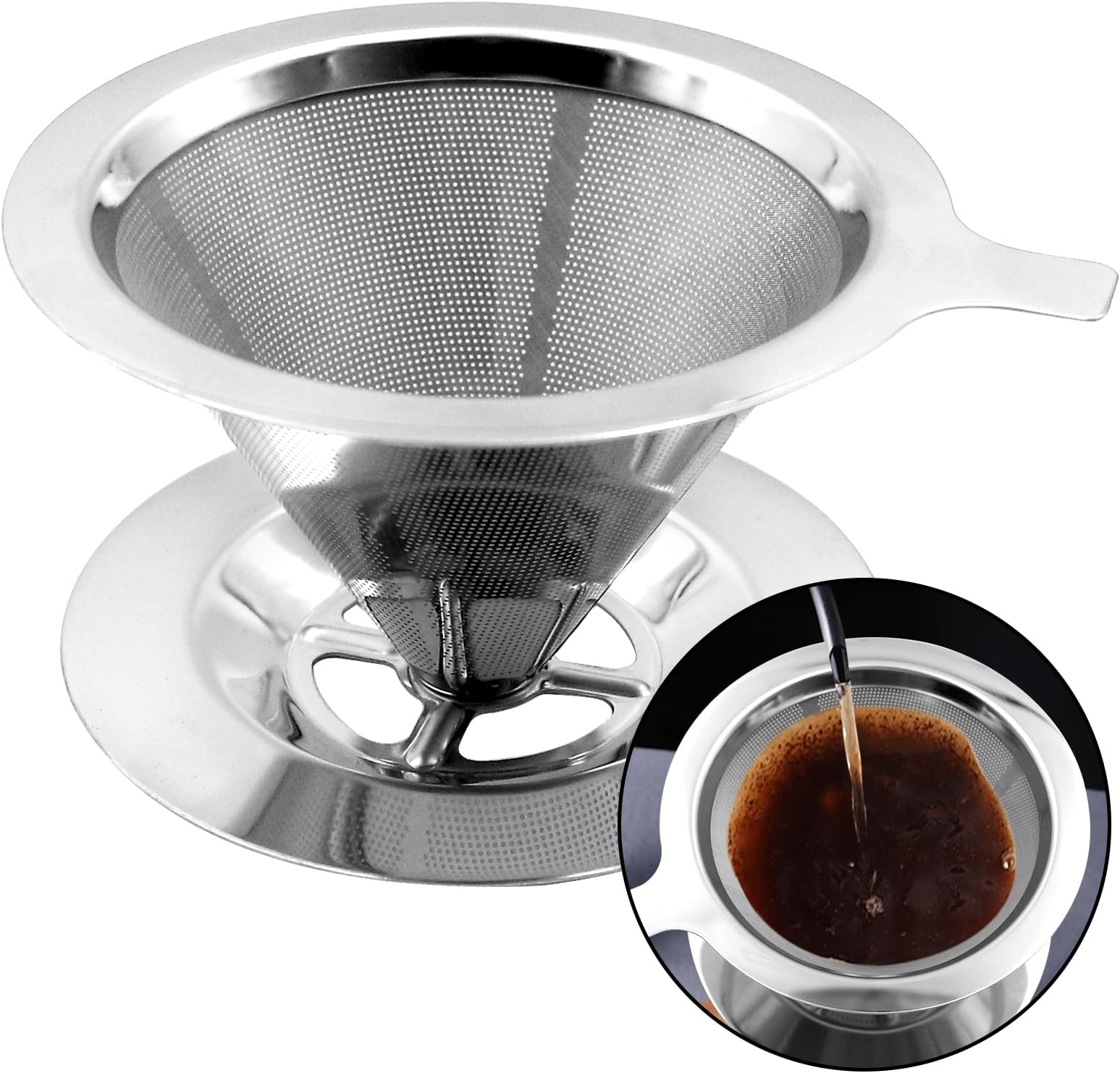 Pour Over Coffee Filter - Stainless Steel Reusable Dripper for Manual Production and Preparation - Easy to Clean
