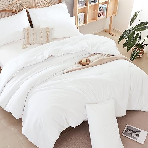 Miniatura 3 de weigelia Juego de edredón tamaño Queen, color blanco, bohemio, de color liso, para todas las estaciones, juego de edredón reversible de microfibra