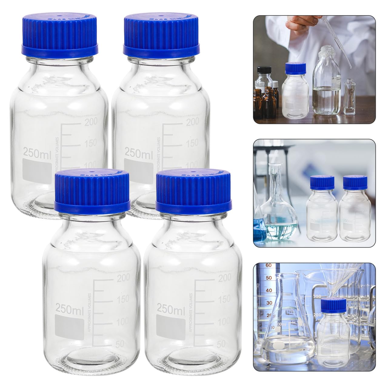 Set di 4 Bottiglie di Reagente da 250ml in Vetro con Tappo a Vite Blu, Riutilizzabili e Lavabili, per Laboratorio e Istituto Chimico