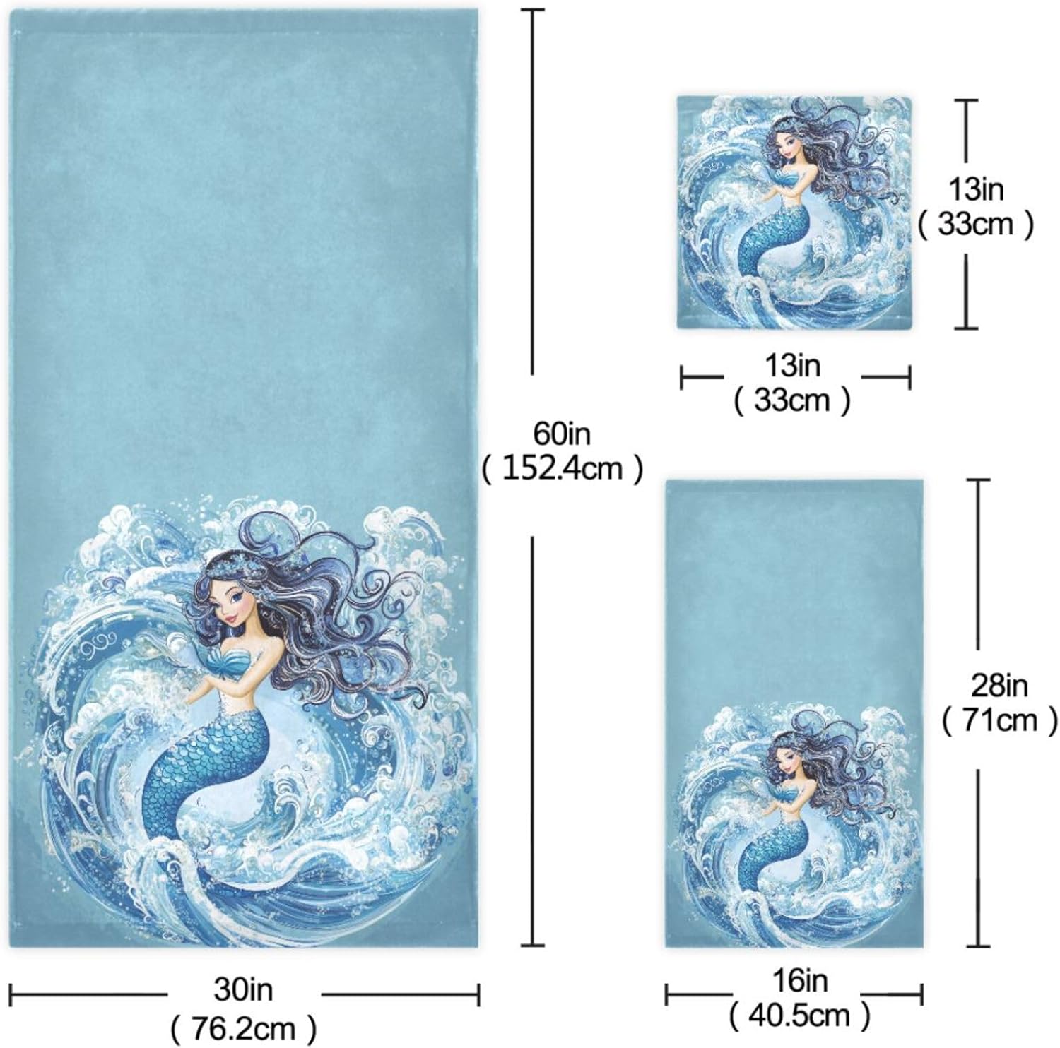 Ocean Wave Beautiful Mermaid Soft Set of 3 Towels, 1 Bath Towel+1 Hand Towel+1 Washcloth, Multipurpose Decor for Bathroom, Hotel, Gym, Spa and Kitchen