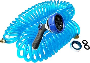 SANFU EVA Recoiled Garden Water Hose 3/8"ID x 50ft Premium Water Nozzle Sprayer 10 Adjustable Patterns With 3/4"Inch Brass Fittings Retractable, Non-Kinking Outdoor Patio Hose Marine&Boat, Blue50