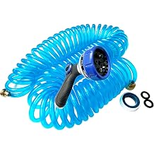 SANFU EVA Recoiled Garden Water Hose 3/8"ID x 50ft Premium Water Nozzle Sprayer 10 Adjustable Patterns With 3/4"Inch Brass Fittings Retractable, Non-Kinking Outdoor Patio Hose Marine&Boat, Blue50