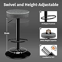 Vista 7 de Adjustable Bar Stools Set of 2 Backless Kitchen Barstools with Round Seat 360° Swivel Counter Height Bar Stools Modern Microfiber Leather Bar Chairs
