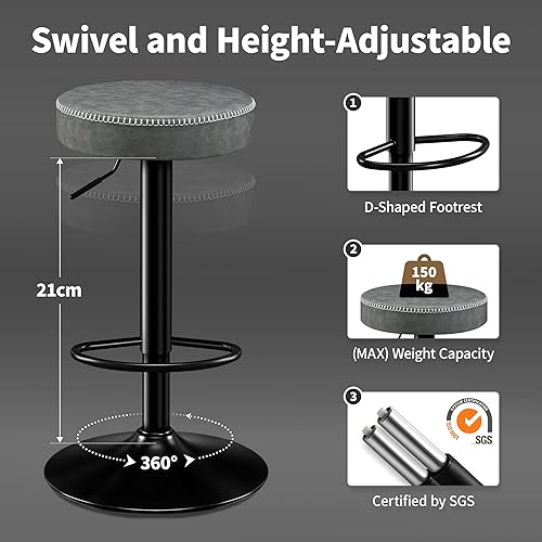 Miniatura 7 de Adjustable Bar Stools Set of 2 Backless Kitchen Barstools with Round Seat 360° Swivel Counter Height Bar Stools Modern Microfiber Leather Bar Chairs