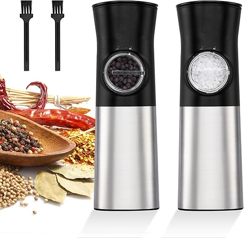 Qoosea Gravity - Juego de molinillo eléctrico de sal y pimienta molinillo eléctrico de pimienta a pilas con luz LED y cepillo grosor ajustable y