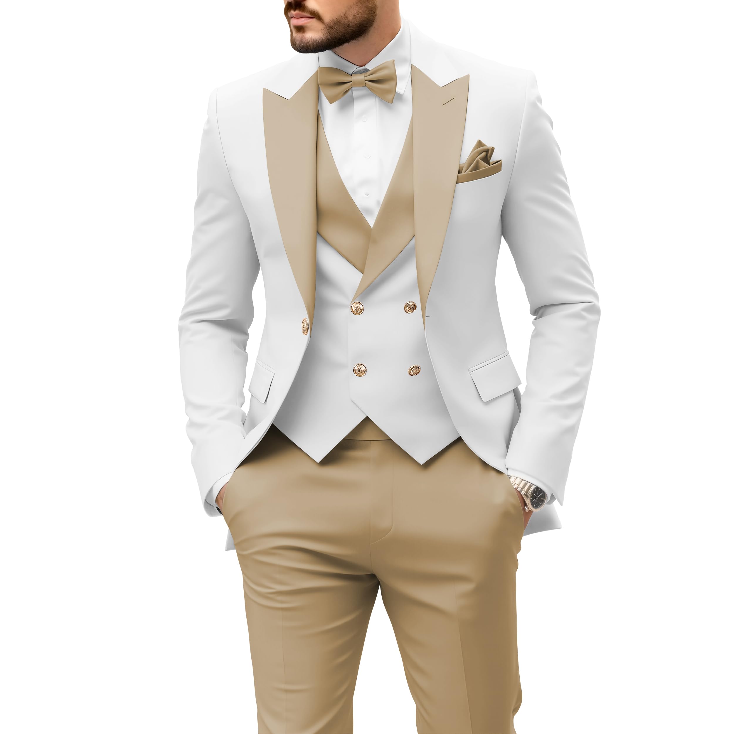 Mens Suits Slim Fit 3 Piece Tuxedo for Men Double Breasted Blazer Vest Pant Set Wedding Prom Formal