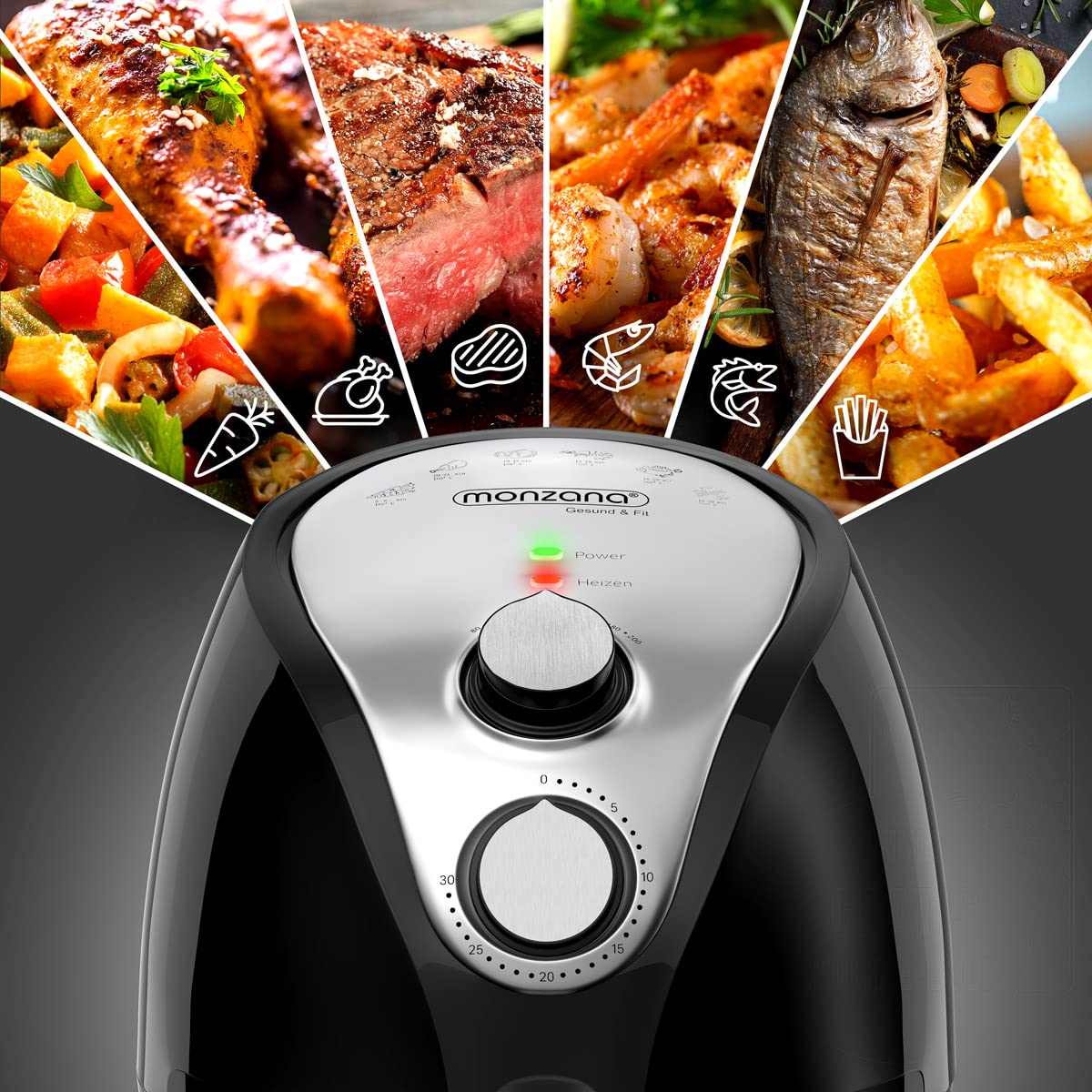 MONZANA® Freidora sin Aceite de Aire Caliente 1500W 3,6L 80-200°C 9 Programas Temporizador Air Fryer