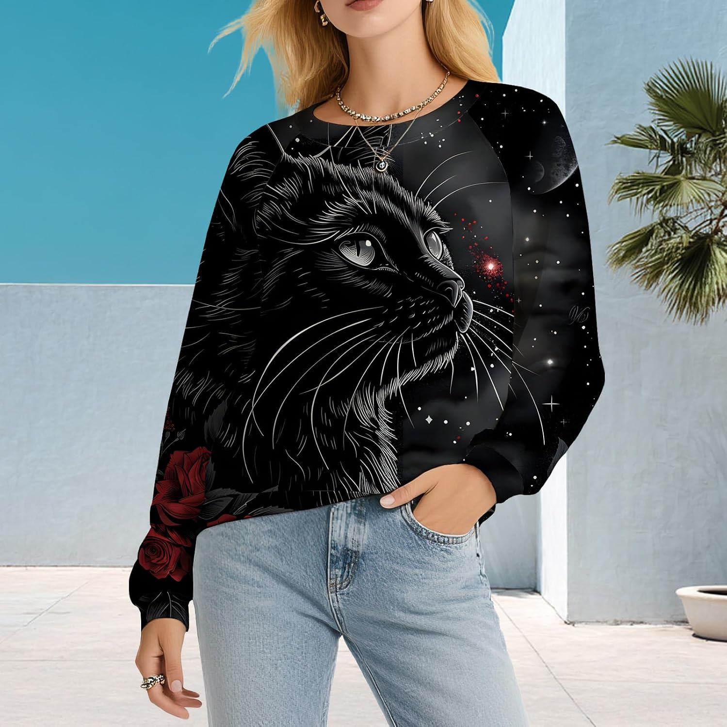 Womens Cat Graphic Sweatshirt Long Sleeve Terry Cloth Crewneck Pullover Top Casual Gift for Cat Lovers