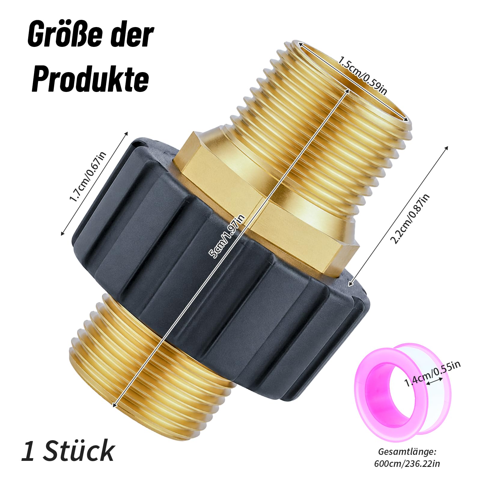 Adattatore rapido M22 x 1,5 filettatura metrica per idropulitrice ad alta pressione, adatto per Kärcher K, serie HD e HDs, accoppiamento in ottone con diametro interno di 15 mm