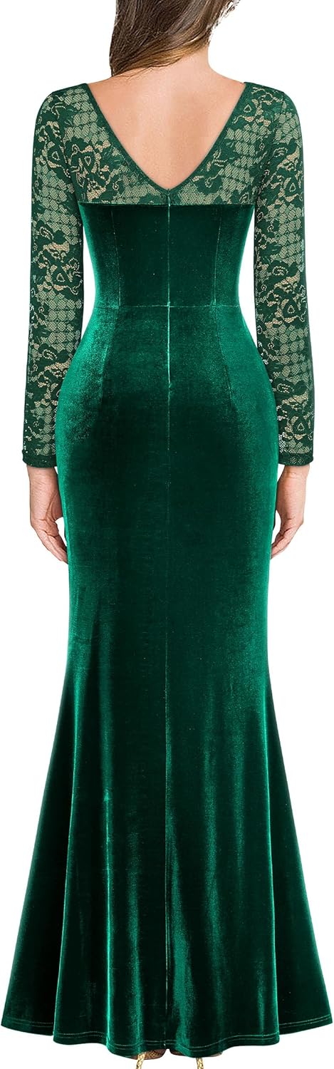 MISSMAY Women's Elegant Velvet V Neck Ruched Split Evening Long Dress (Large, Dark Green) - Image 2
