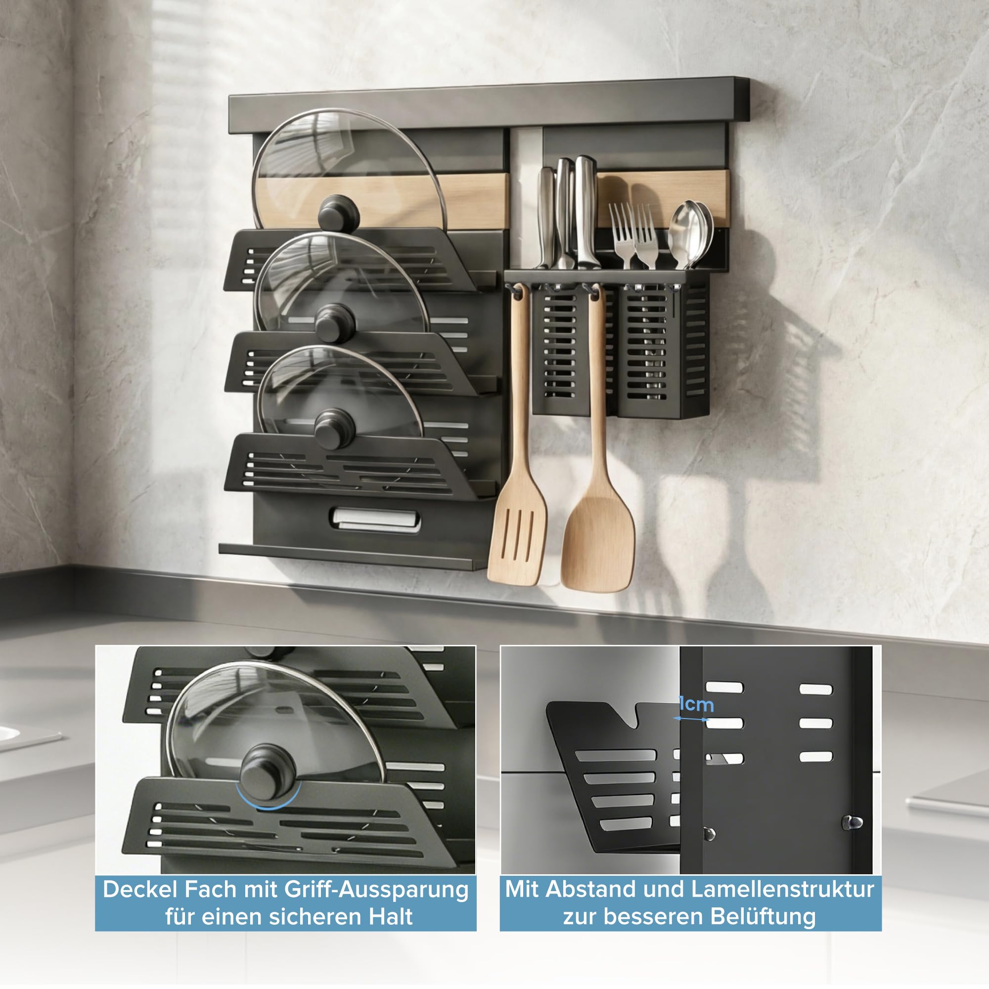 doporro Küchen-Organizer 52cm mit Topfdeckelhalter und 2 Besteckhalter | Hakenleiste Küche 52 cm aus Metall, mit 3 Ebenen Deckelhalter und 5 Haken, Küchen Wandregal Schrauben oder Kleben, Grau Reglo