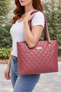 Ladies Quilted Tote Handbag, Double Handle, for Women – Stylish Shoulder Handbag with Gold Accents, Spacious & Elegant Price In India