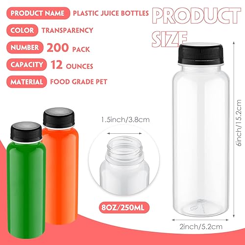 Miniatura 2 de Tanlade Paquete de 200 botellas de plástico para jugos con tapas, recipientes transparentes reutilizables para bebidas con tapas, botellas vacías de