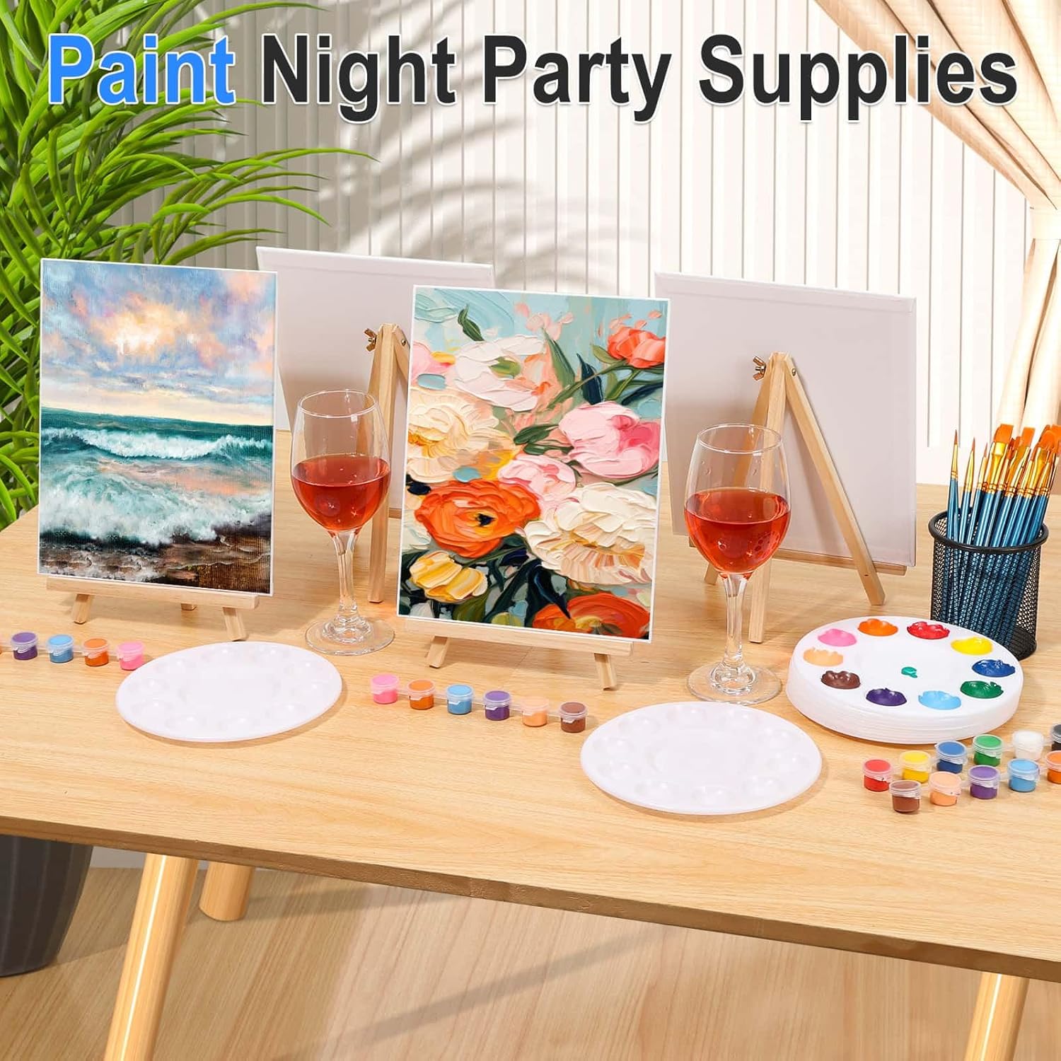 shynek 150pcs Painting Supplies Kit for Adults, 8 * 10In Canvas Boards with Easel Stand, 12 Colors Acrylic Paint Set, Artist Paint Brushes Set, Paint Trays, Sip and Paint Kit