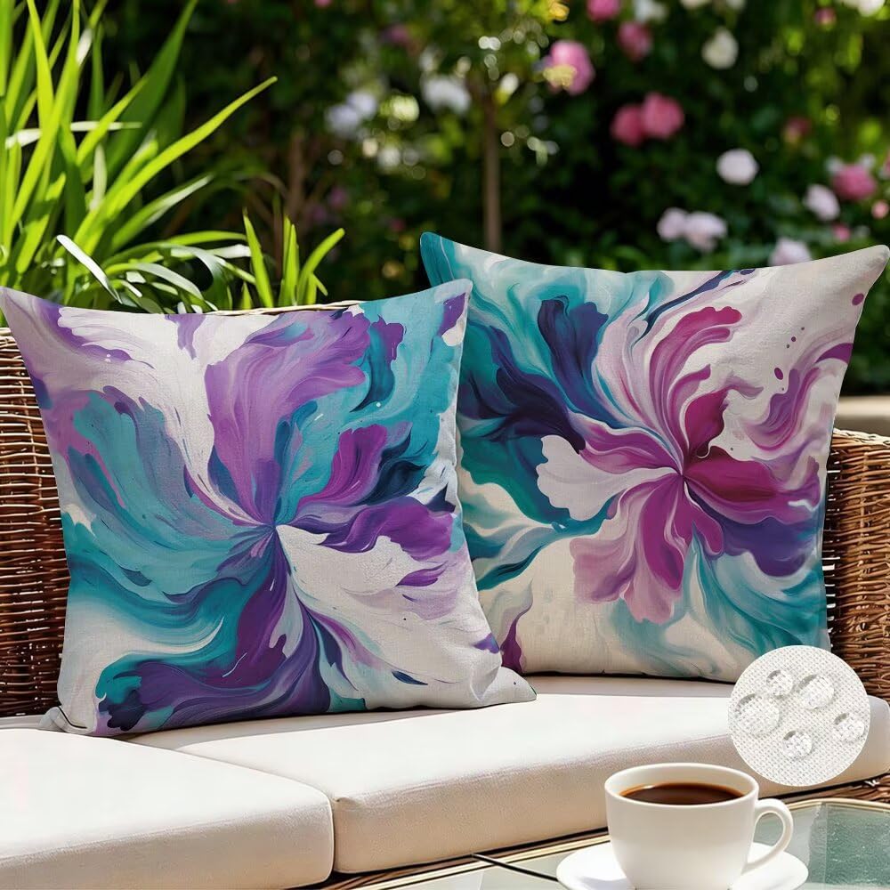 Outdoor Cushions Waterproof Colourful Cushion Covers 35cm x 35cm Set of 2 Abstract Garden Cushions Nordic Cushion Cover Decorative Pillows Linen Throw Pillow Case for Garden Furniture (IU173)