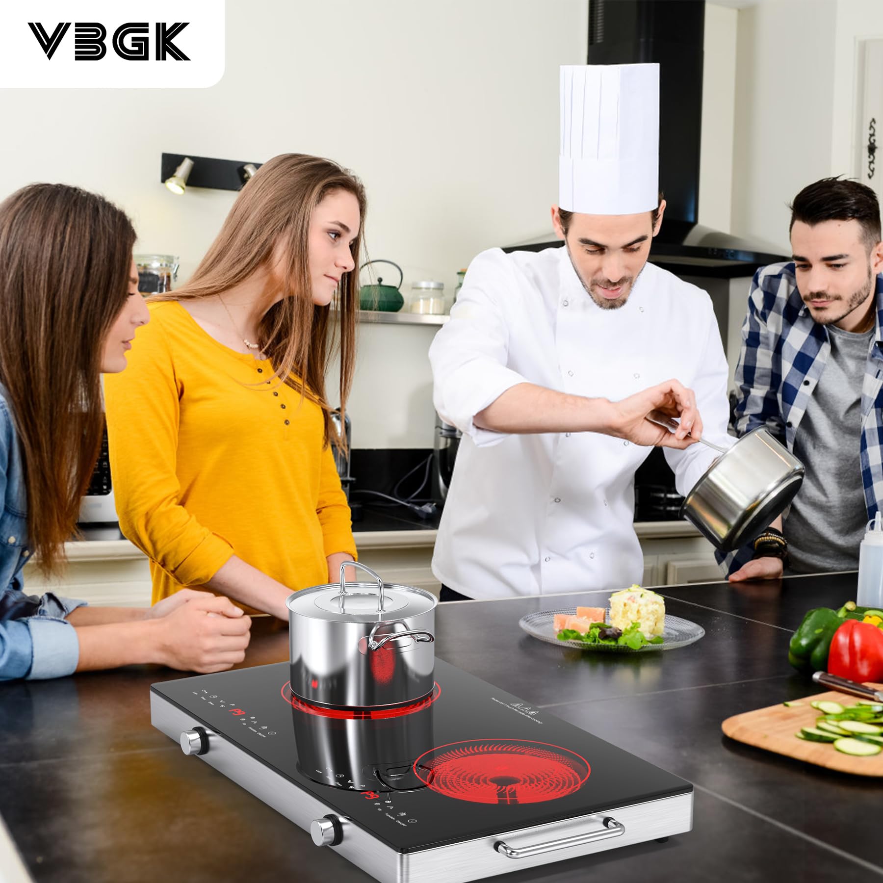 VBGK 2 Ring Electric Hob with Handle, 3520W Ceramic Hob 2 Zone, Double Electric Ceramic Hob Countertop, Safety Lock & 3H Timer, 220V-240V Plug in — view 2