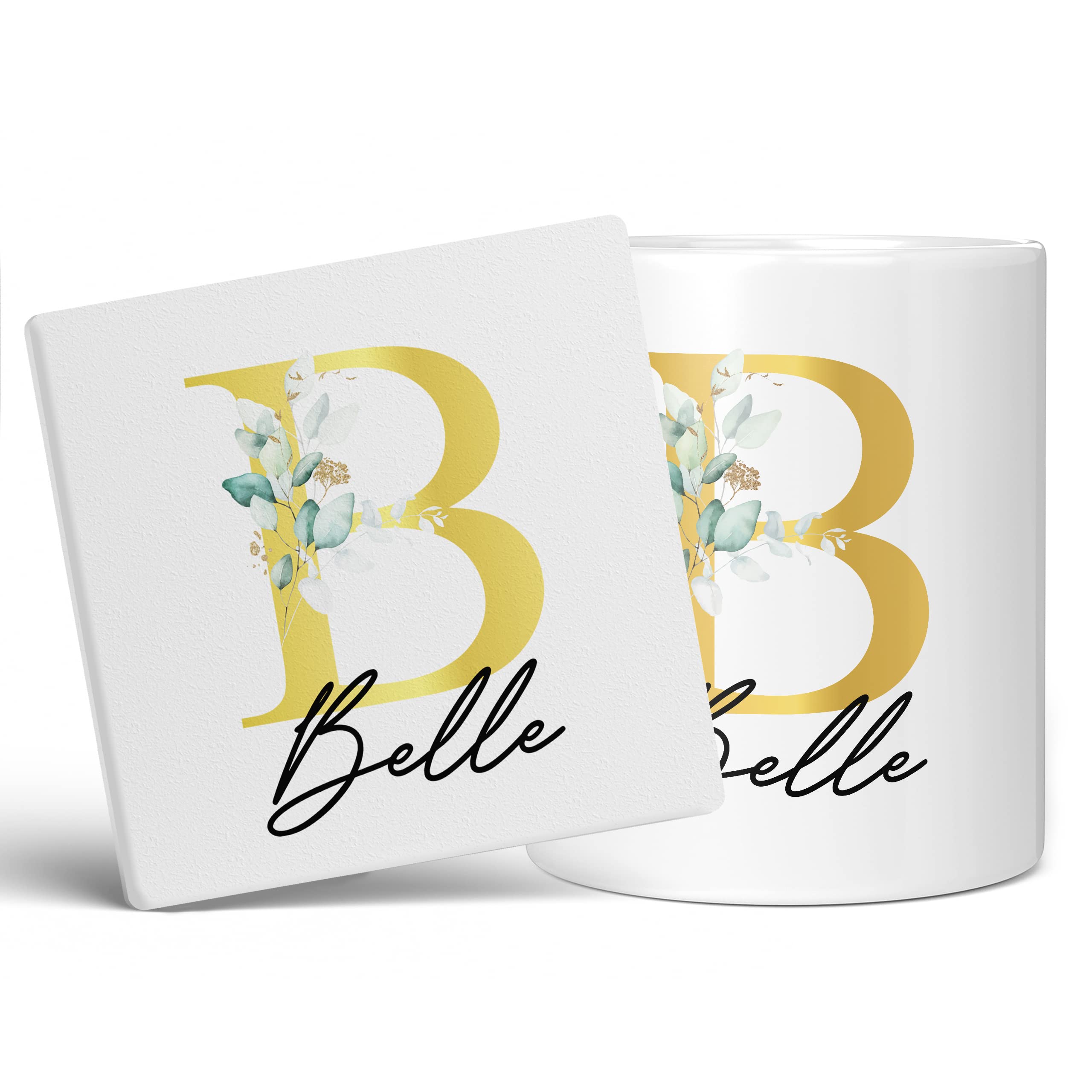 Personalised Letter B Floral Mug Initial with Name, Customised Gift, Gold Effect Printed Letter, NOT Metallic - Ceramic Coffee Cup for Men or Women, Extra Large and Giant Mug, 20oz White Cup & Coaster — image 1