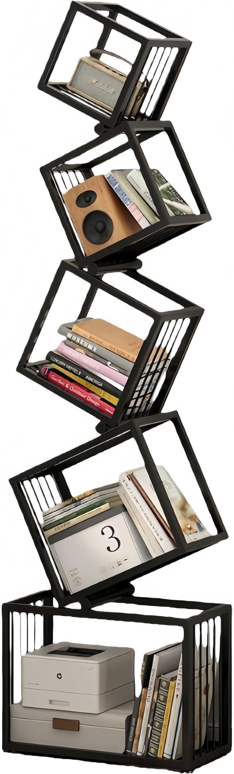 Creative Geometric Bookshelf Five Tier Cube Bookcase Modern Industrial Metal Frame Storage Rack Independent Organization Unit for Living Room Office Bedroom Space Saving Design
