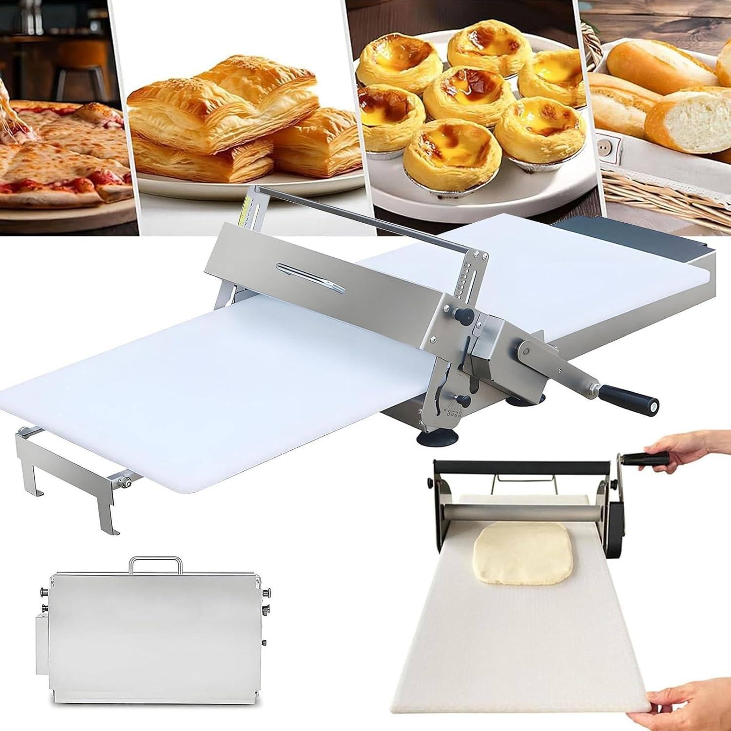 Teigschälmaschine, Edelstahl Faltpresse Sheeter, Einstellbare Dicke für Croissants, Geeignet für Heimküchen und kleine Bäckereien
