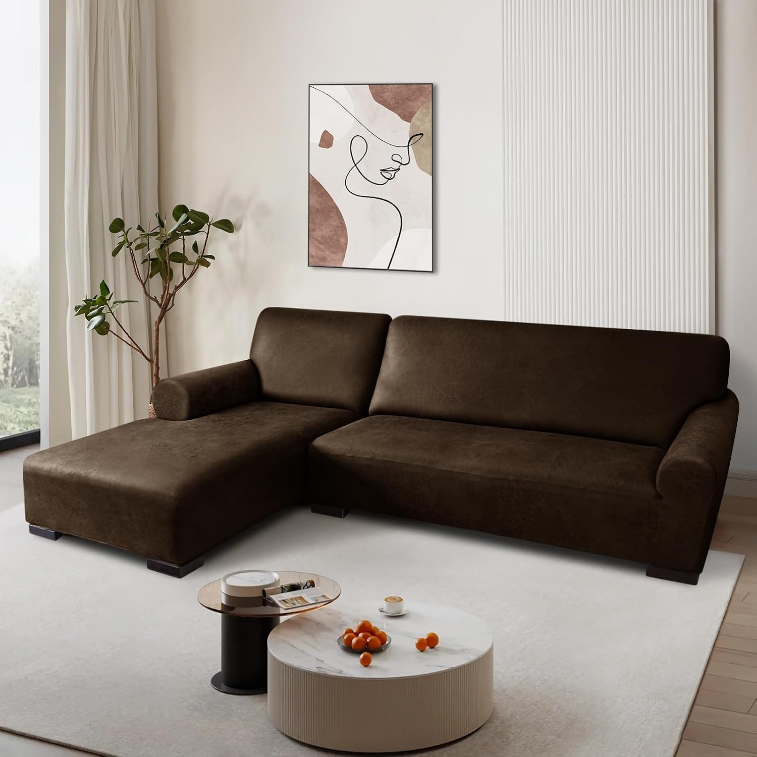 Sectional Couch Covers, Leather Look Sofa Cover L Shape 2PCS Soft Stretch Slipcover for Sectional Sofa, Non Slip Furniture Protector (3 Seat Sofa + 3 Seat Right Chaise, Coffee)