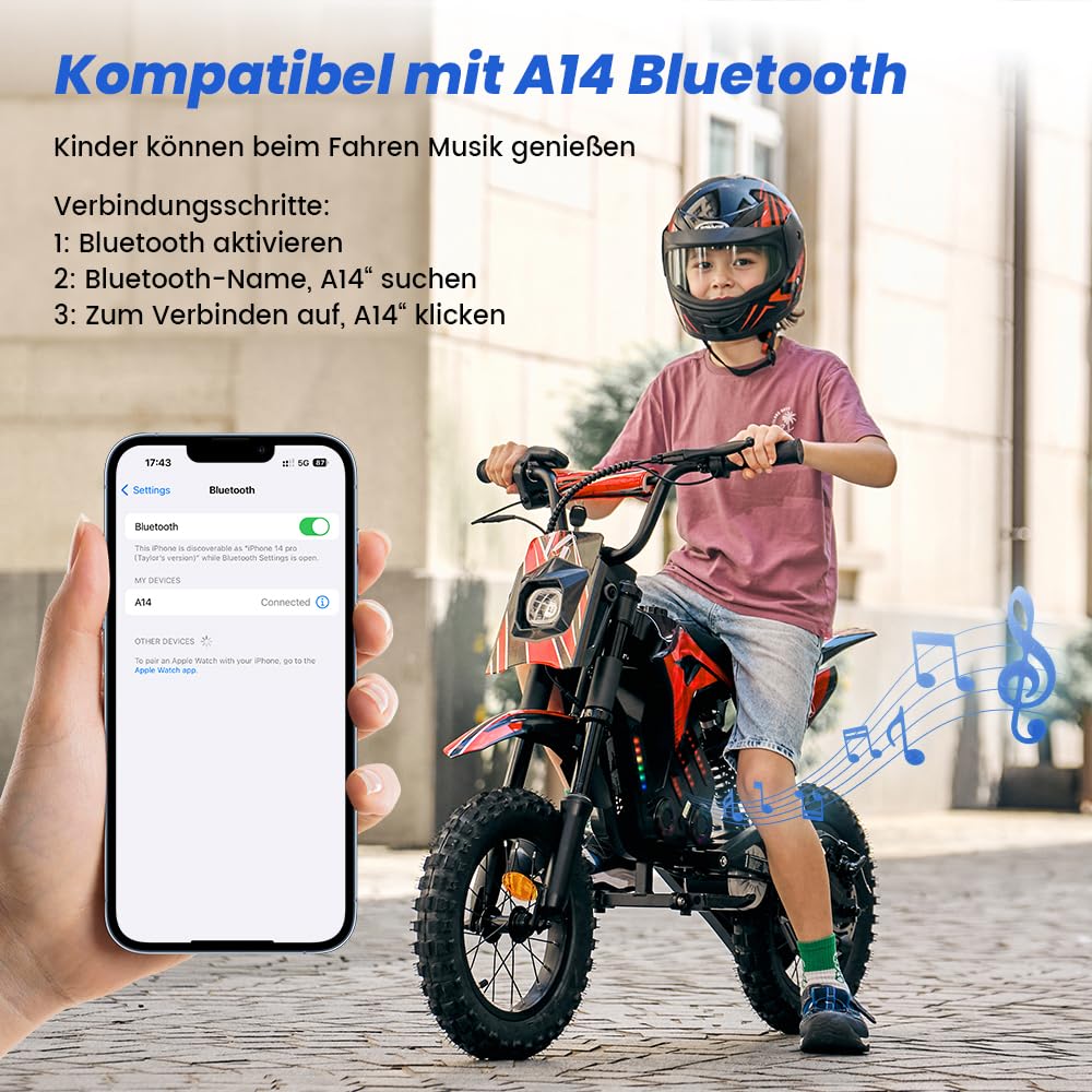 A14 Elektro Motorrad Kinder | 36 Volt 250 Watt Motor bis 22 km/h | E Bike | Dirt Bike | Electric Bike | Motocross |14 Zoll Kinder Motorrad elektrisch | Pocketbike | Dirtbike ab 6 Jahren (Rot)