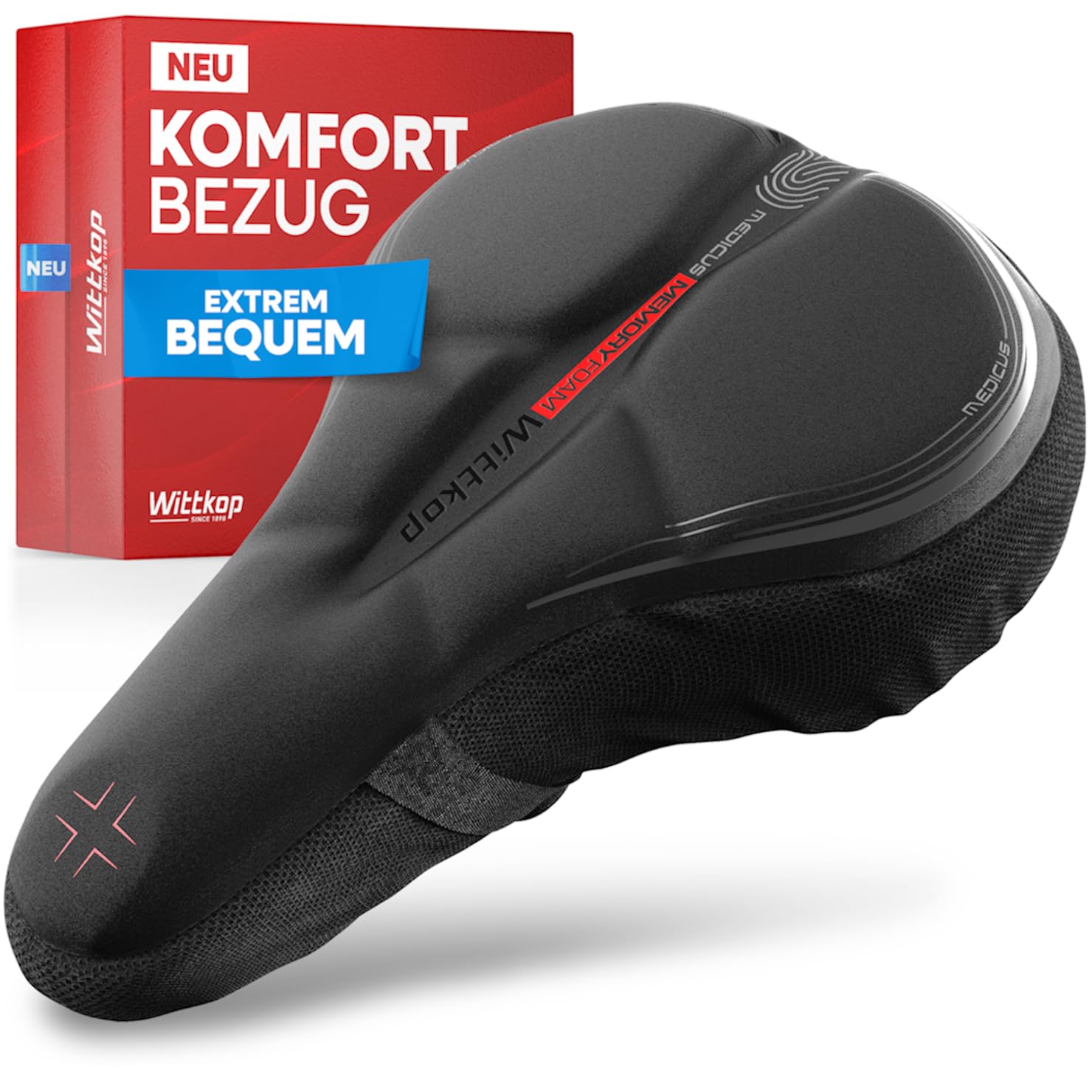 WITTKOP Coussin de Selle de vélo en Mousse à mémoire de Forme Confortable I Housse de Selle de vélo pour Hommes et Femmes avec Concept Ergonomique à 3 Zones