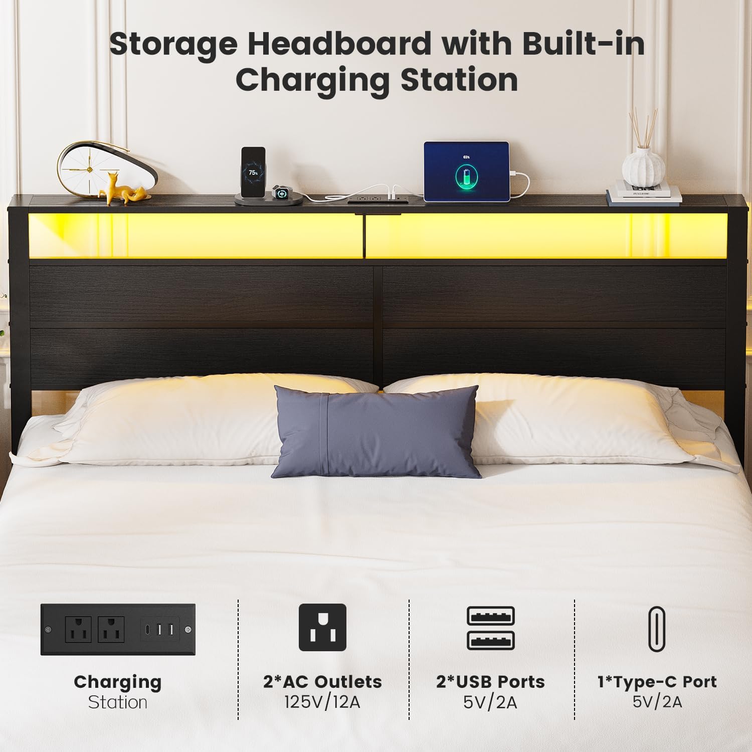 King Size Bed Frame with LED Lights & Charging Station, Black Metal Platform Bed with Wood Headboard and Sturdy Slats, No Box Spring Needed