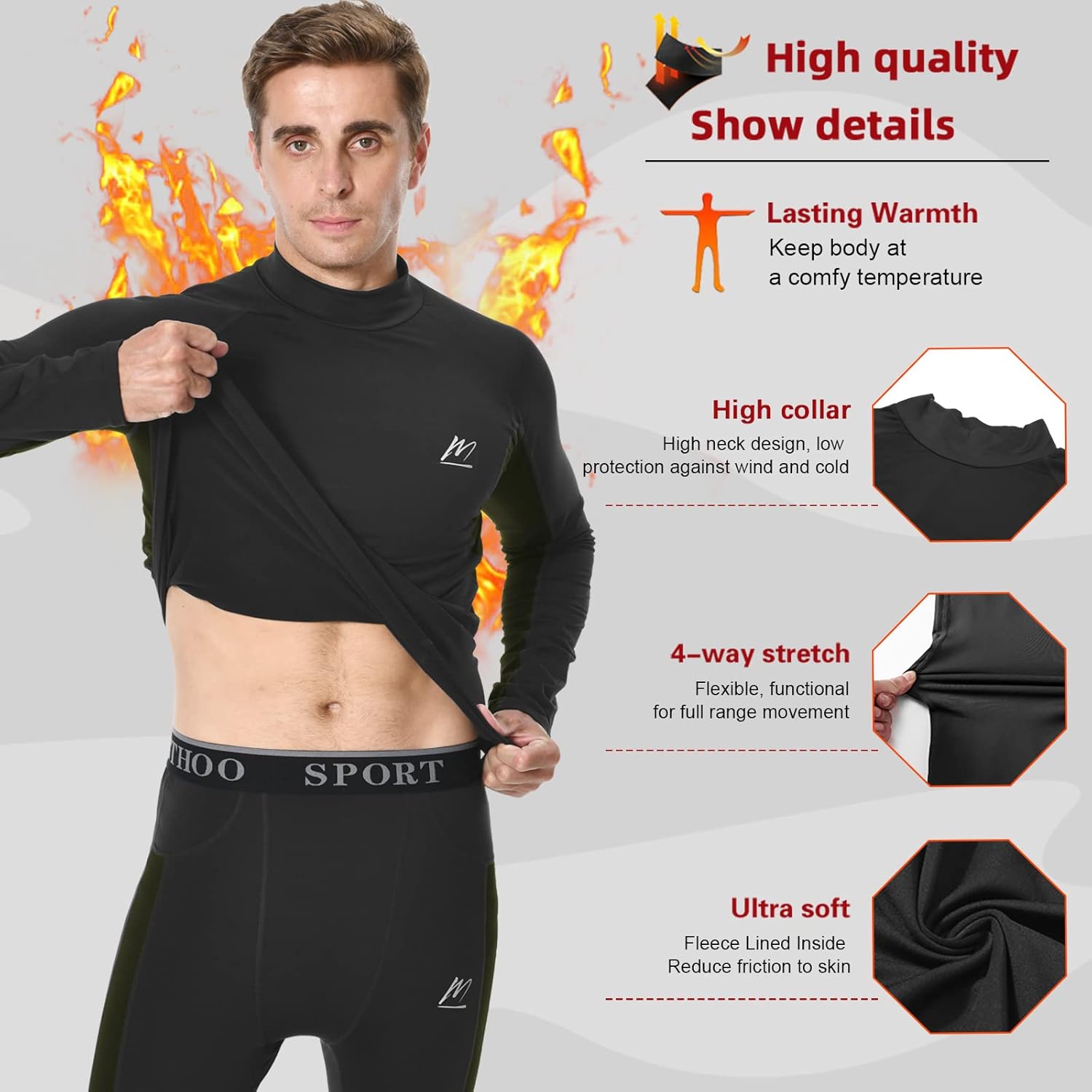 AMZSPORT Thermisch ondergoed voor heren, set, warm compressieshirt, compressiebroek, ademend, functioneel ondergoed, winterondergoed, zwartgrijs, XL