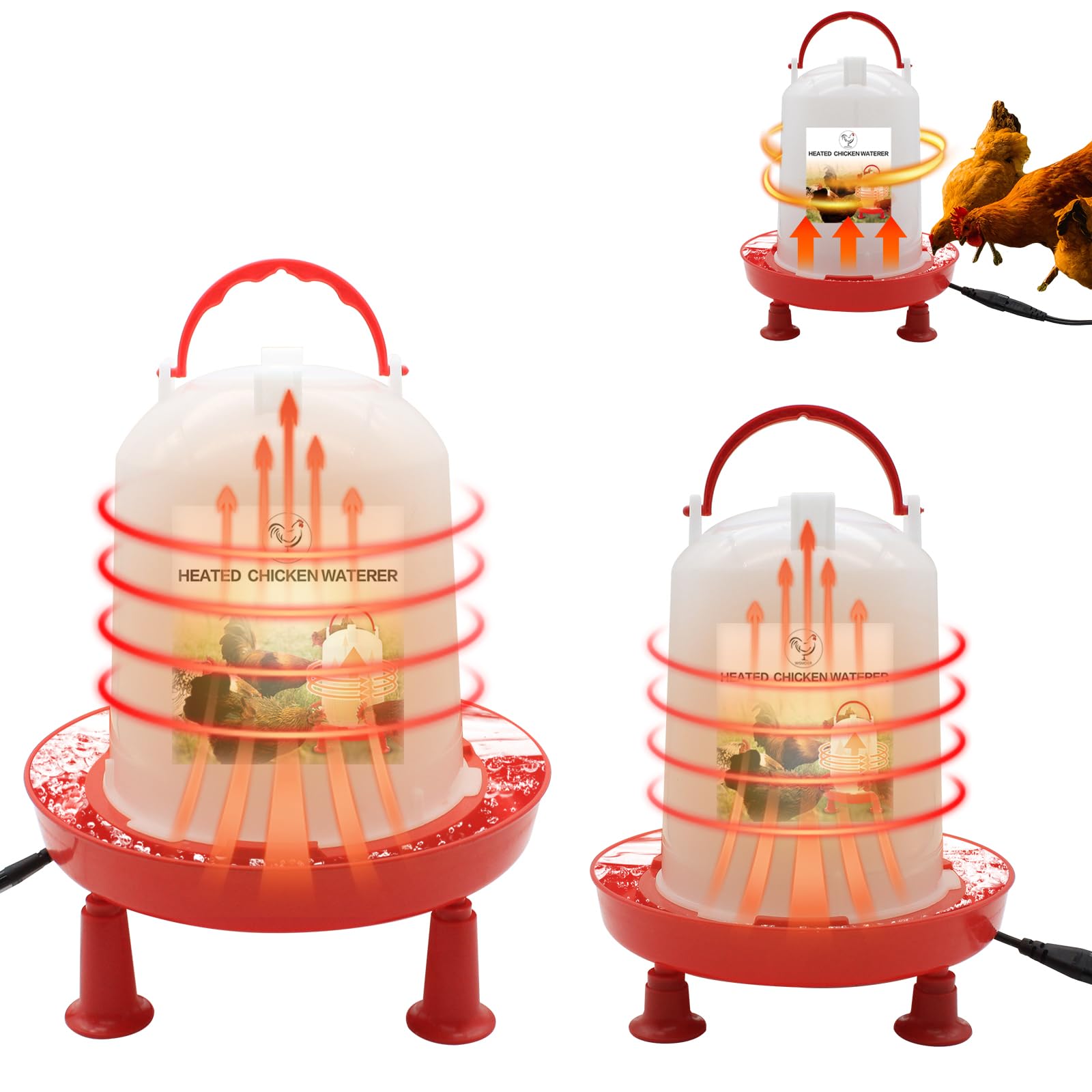 WISMOIER Heated Chicken Waterer - 35W Constant Temperature Heated Plastic Poultry Fountain with 2 Adjustable Heights - 3L+6L Set Poultry Waterer for Chicken Coop Accessories in Winter