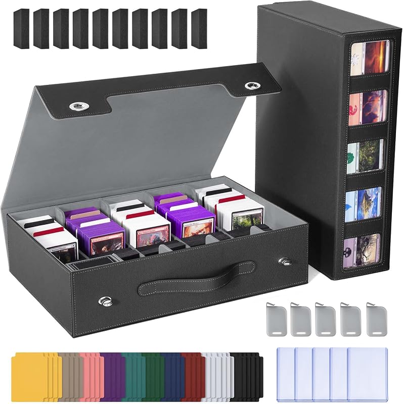 Trading Card Storage Box for 3900+ Sleeved Cards, Bulk Card Storage | Card Display Window, Handle & Aluminum Alloy Locking Card Organizer for MTG, PTCG, TCG, Sports Cards (Black Gray)